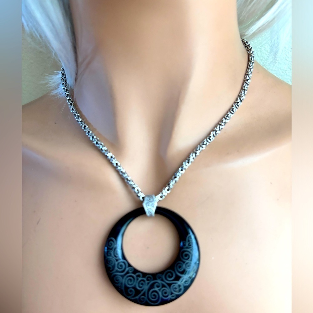Brighton Round Lava Lounge Lucite Black Silver Scroll Design Pendant Necklace.